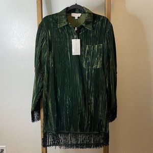 Velvet Fringe Shirt Dress Emerald XS